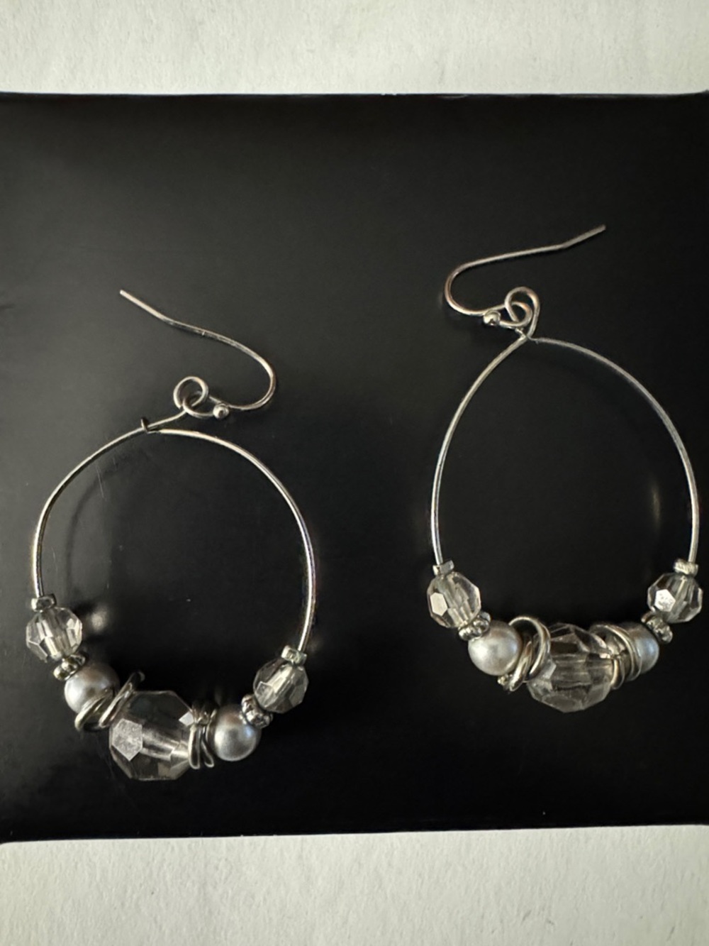 Silver Hoop Earrings with Clear Crystal Beads - Women Jewelry